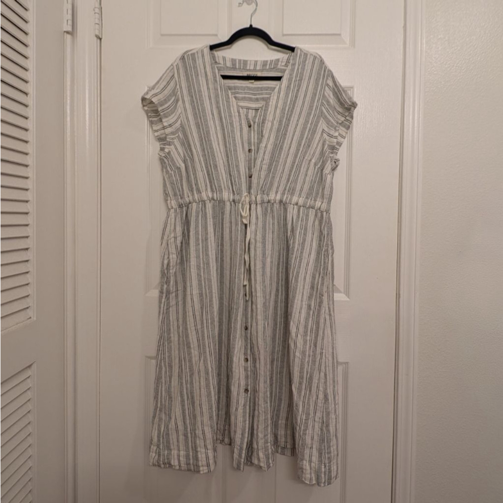Women's BRIGGS Plus Size XXL White Black Striped Linen Blend Midi Dress Curvy - Picture 2 of 7